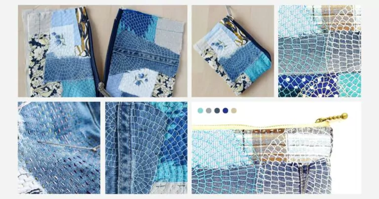 Hand embroidered zipper pouch from fabric scraps