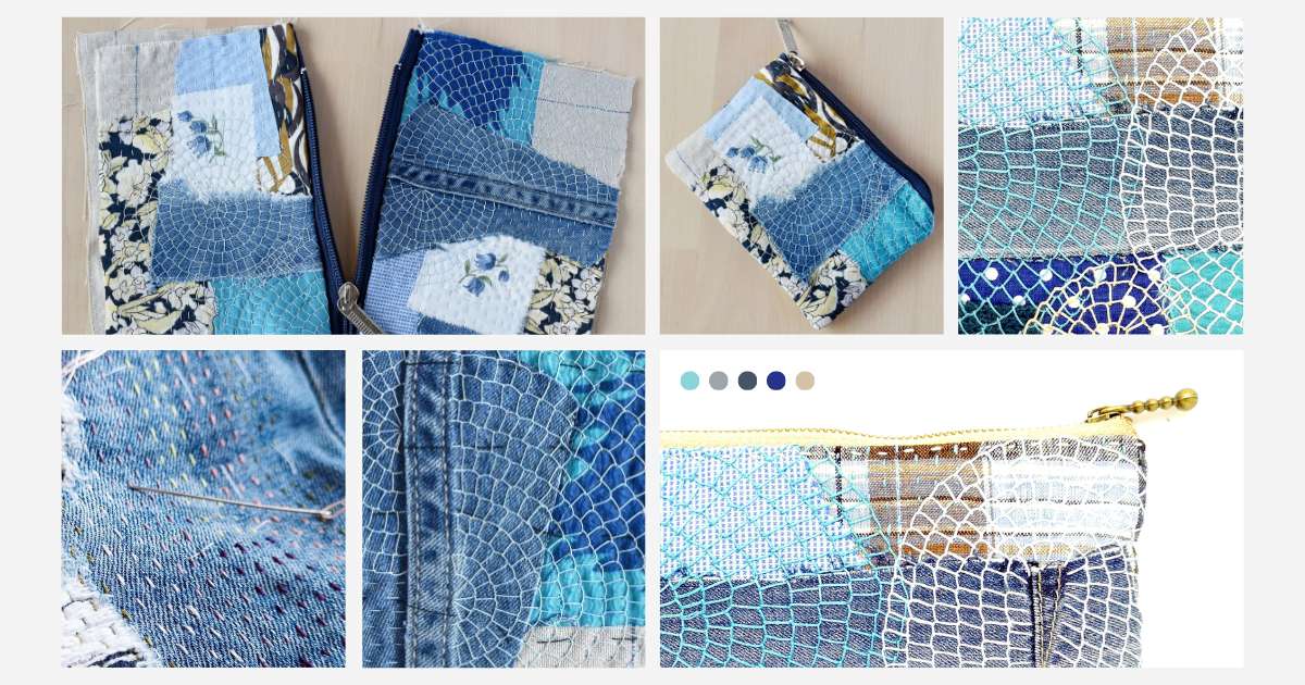 Hand embroidered zipper pouch from fabric scraps