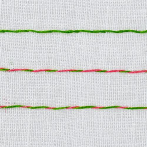 Whipped Running Stitch with pink and green floss