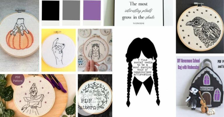 Broderie à la main inspirée des points de gothique sombre du mercredi et de la délicieuse image de couverture.