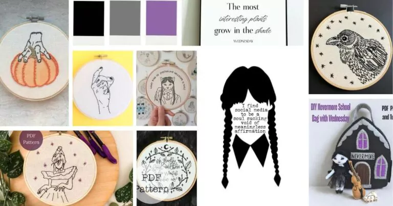 Broderie à la main inspirée des points de gothique sombre du mercredi et de la délicieuse image de couverture.