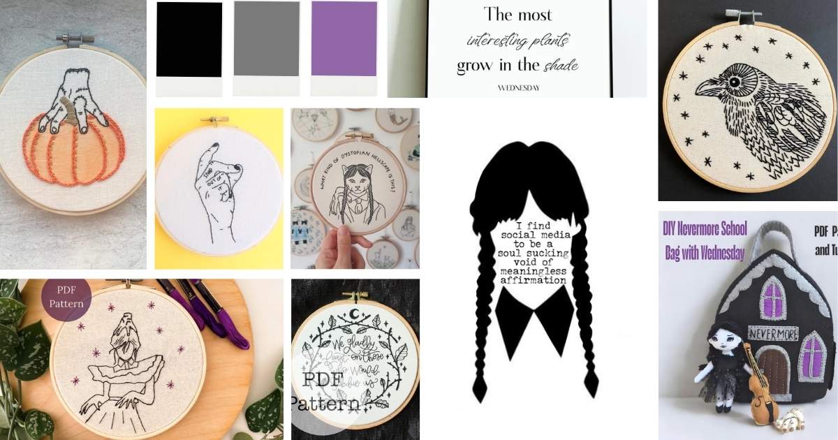 Broderie à la main inspirée des points de gothique sombre du mercredi et de la délicieuse image de couverture.