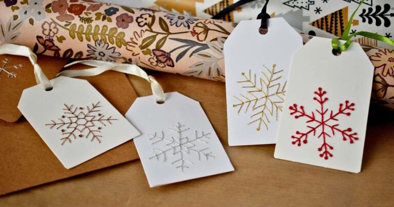 DIY Christmas Gift Tags With Snowflake Embroidery - Step-by-Step Guide and Free PDF Templates feat image
