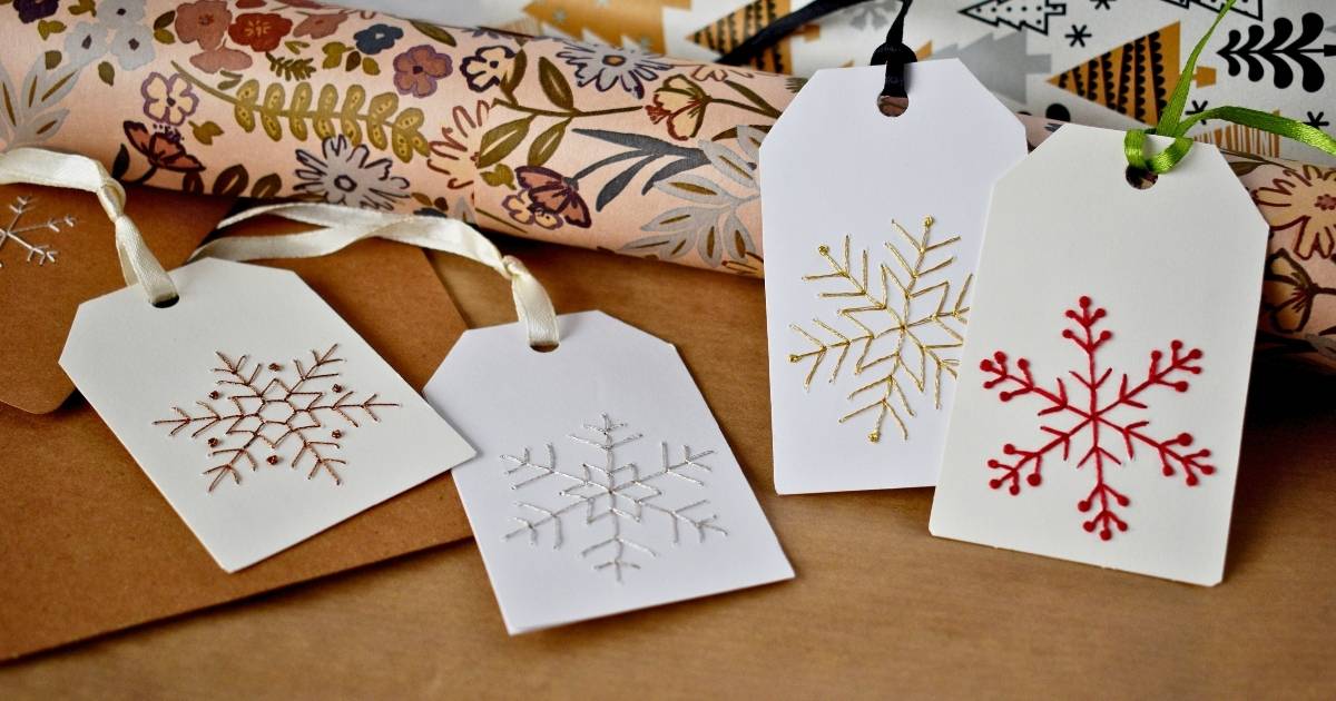 DIY Christmas Gift Tags With Snowflake Embroidery - Step-by-Step Guide and Free PDF Templates feat image